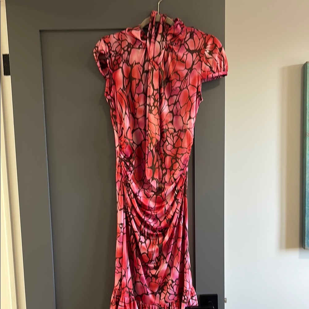 Red and Pink Ruched Maxi Dress with Cowl Neck